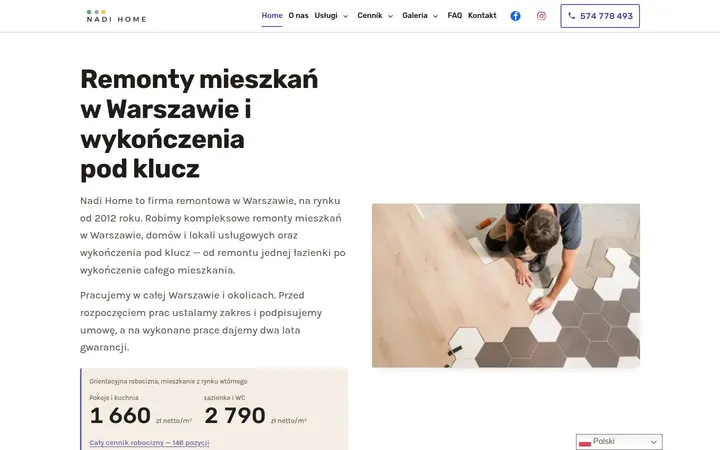 Strona główna nadihome.pl: nagłówek „Remonty mieszkań w Warszawie i wykończenia pod klucz” obok zdjęcia układania płytek