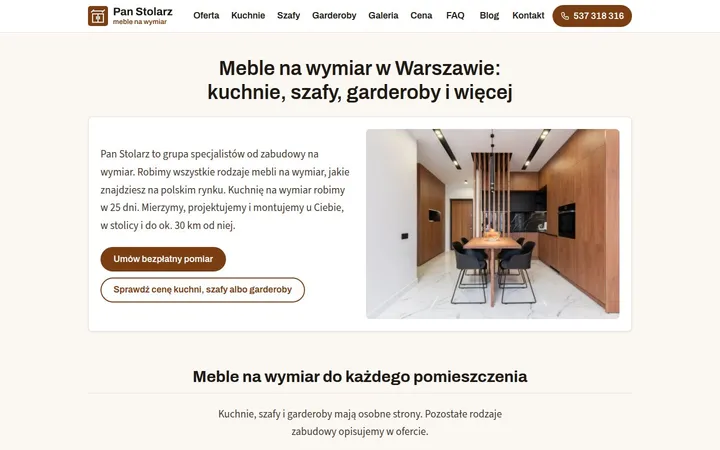 Strona główna pan-stolarz.pl: nagłówek „Meble na wymiar w Warszawie” obok zdjęcia kuchni w drewnie