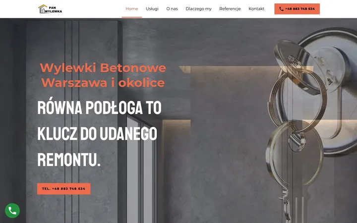 Strona główna panwylewka.pl: nagłówek z logo Pan Wylewka i pomarańczowym guzikiem telefonu nad ciemnym zdjęciem z napisem „Wylewki betonowe Warszawa i okolice”